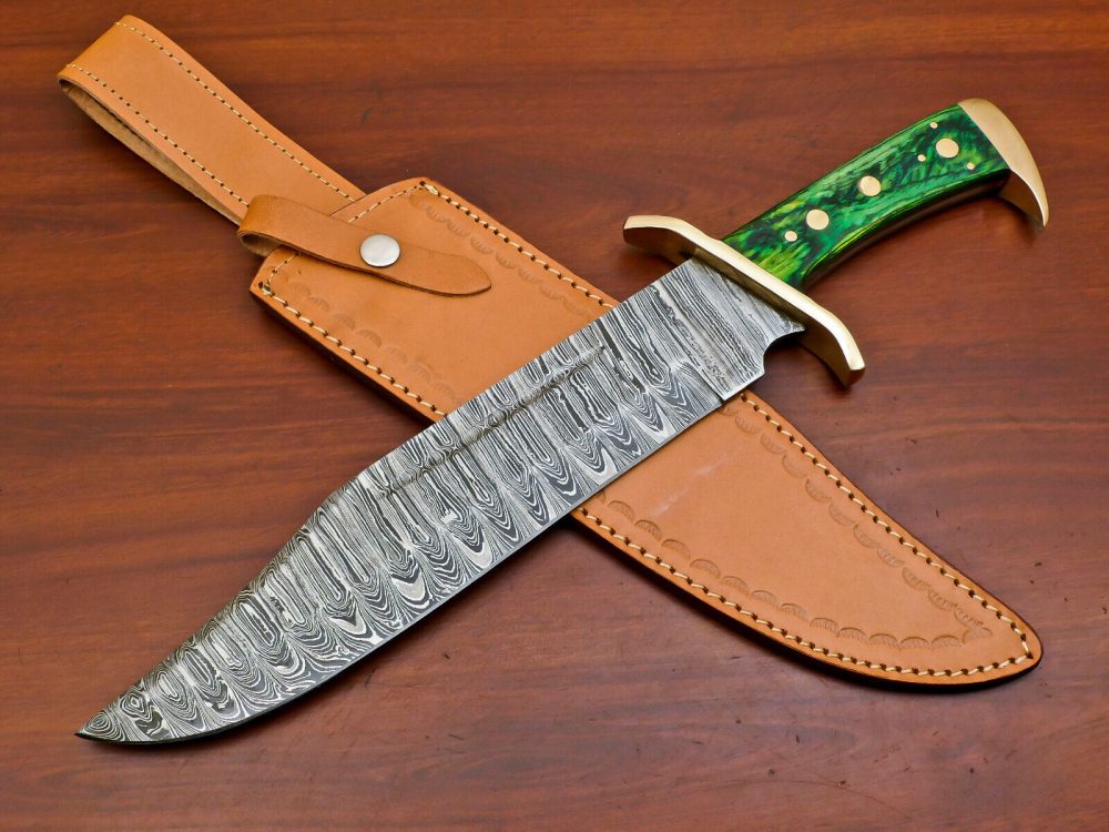 CUSTOM HAND MADE DAMASCUS HUGE BOWIE HUNTING KNIFE - FULL TANG - BRASS GUARD