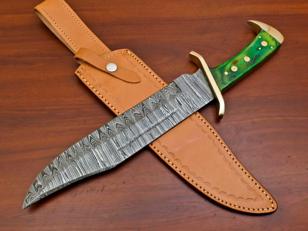 CUSTOM HAND MADE DAMASCUS HUGE BOWIE HUNTING KNIFE - FULL TANG - BRASS GUARD - Image 2
