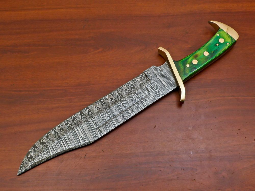 CUSTOM HAND MADE DAMASCUS HUGE BOWIE HUNTING KNIFE - FULL TANG - BRASS GUARD - Image 3
