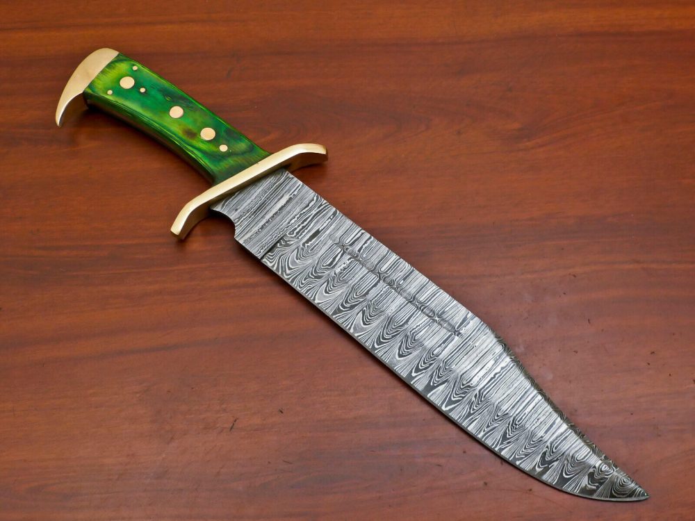 CUSTOM HAND MADE DAMASCUS HUGE BOWIE HUNTING KNIFE - FULL TANG - BRASS GUARD - Image 4